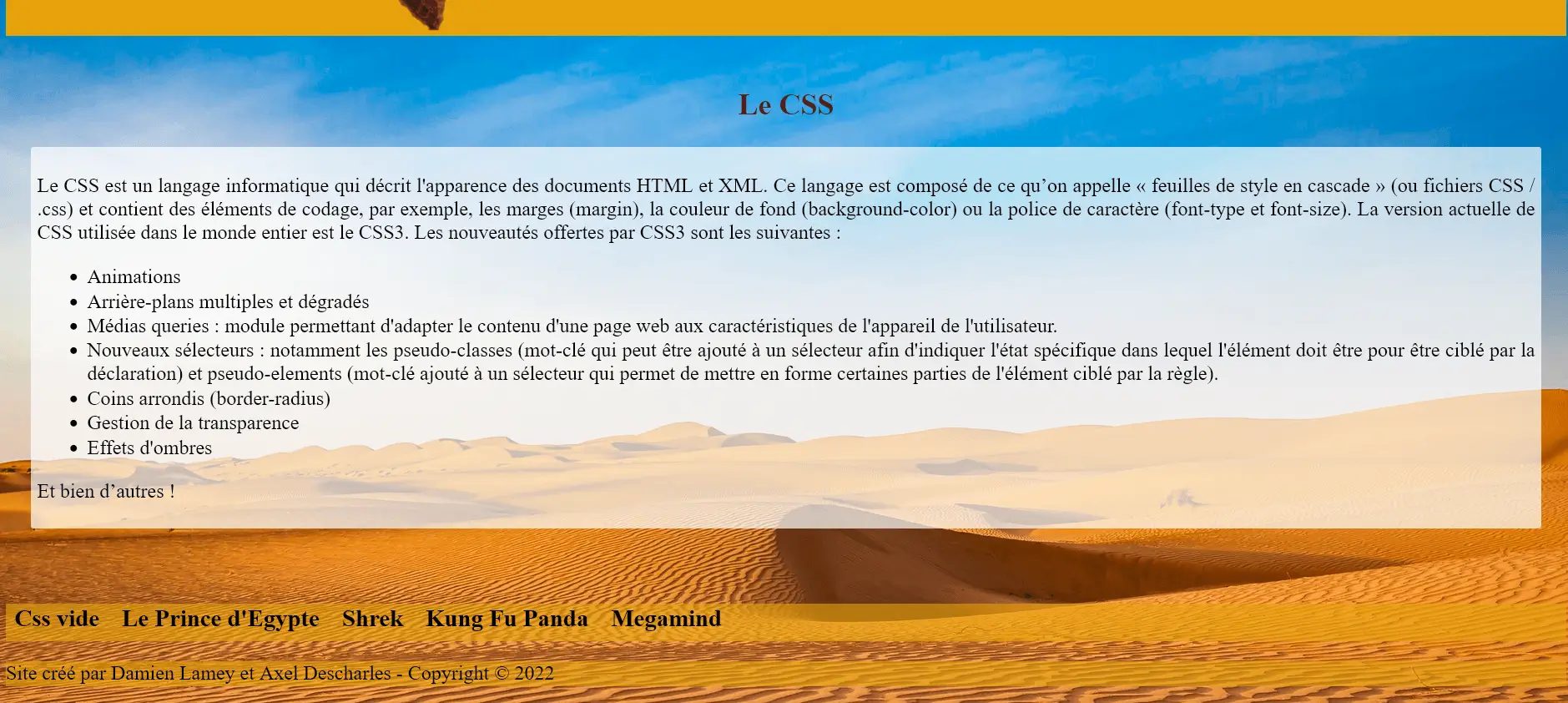 Capture d'écran du petit site centré sur le CSS