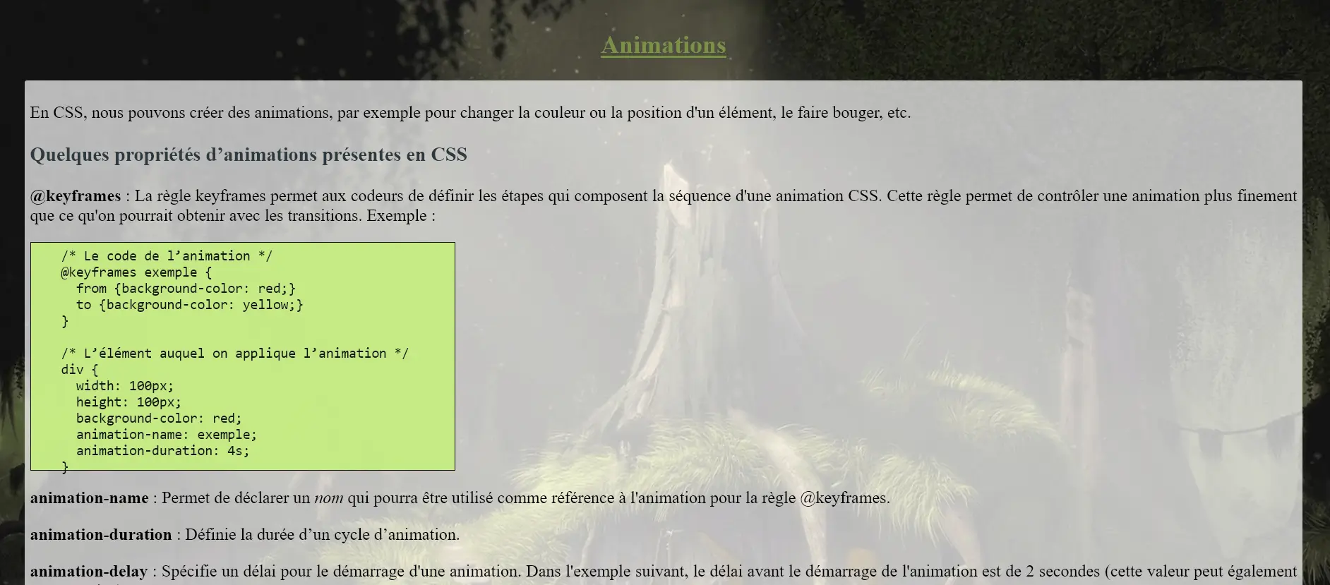 Capture d'écran du petit site centré sur le CSS